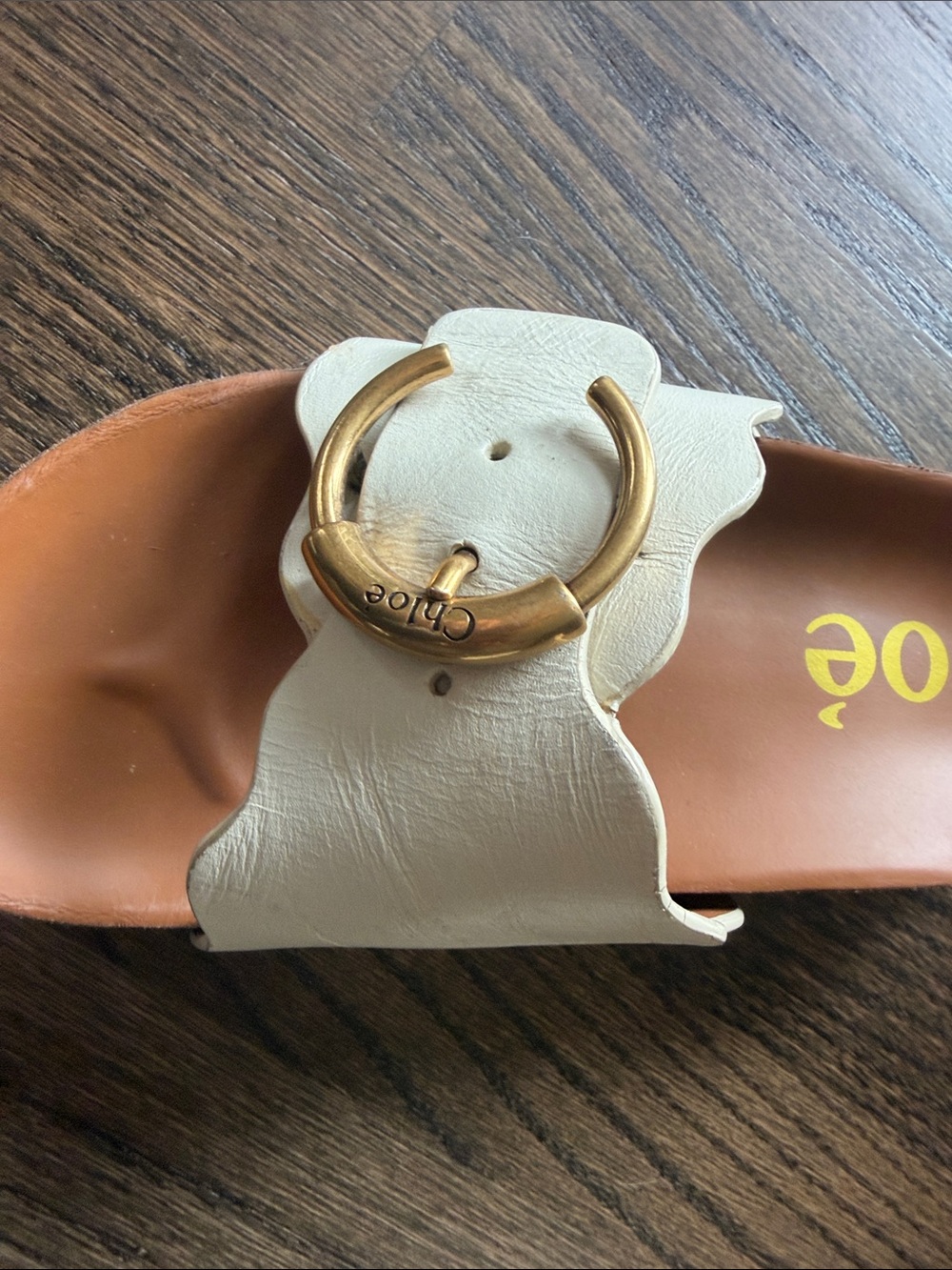Chloé Cream Leather Scalloped Slide Sandals with Gold Buckles - Picture 5 of 8